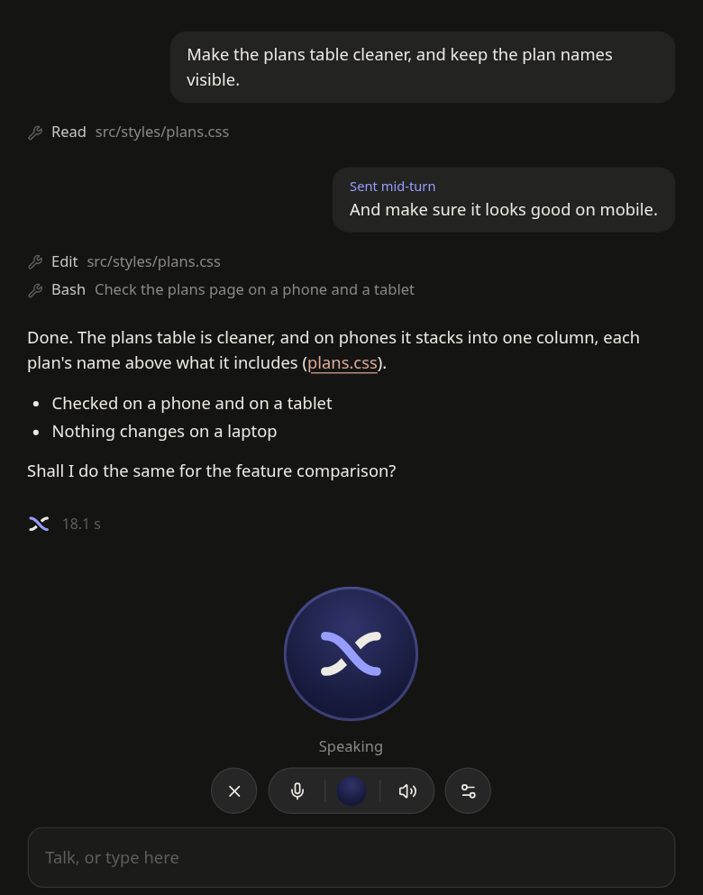 The app's chat, with demo content: you ask Frontend, on Claude, to make the plans table cleaner, add a request while it works, and it edits, checks the page on a phone and a tablet, and says what it did.